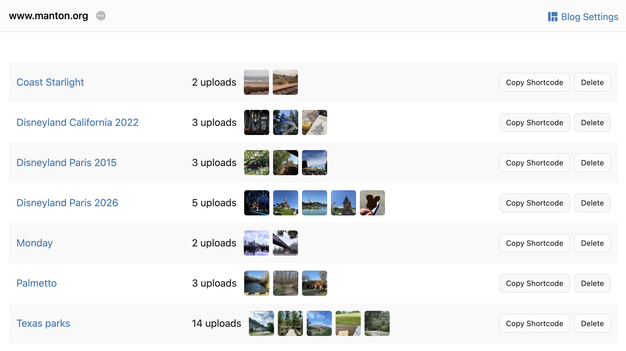 A page displaying a list of photo albums with titles, the number of uploads in each, preview thumbnails, and options to copy shortcodes or delete albums.
