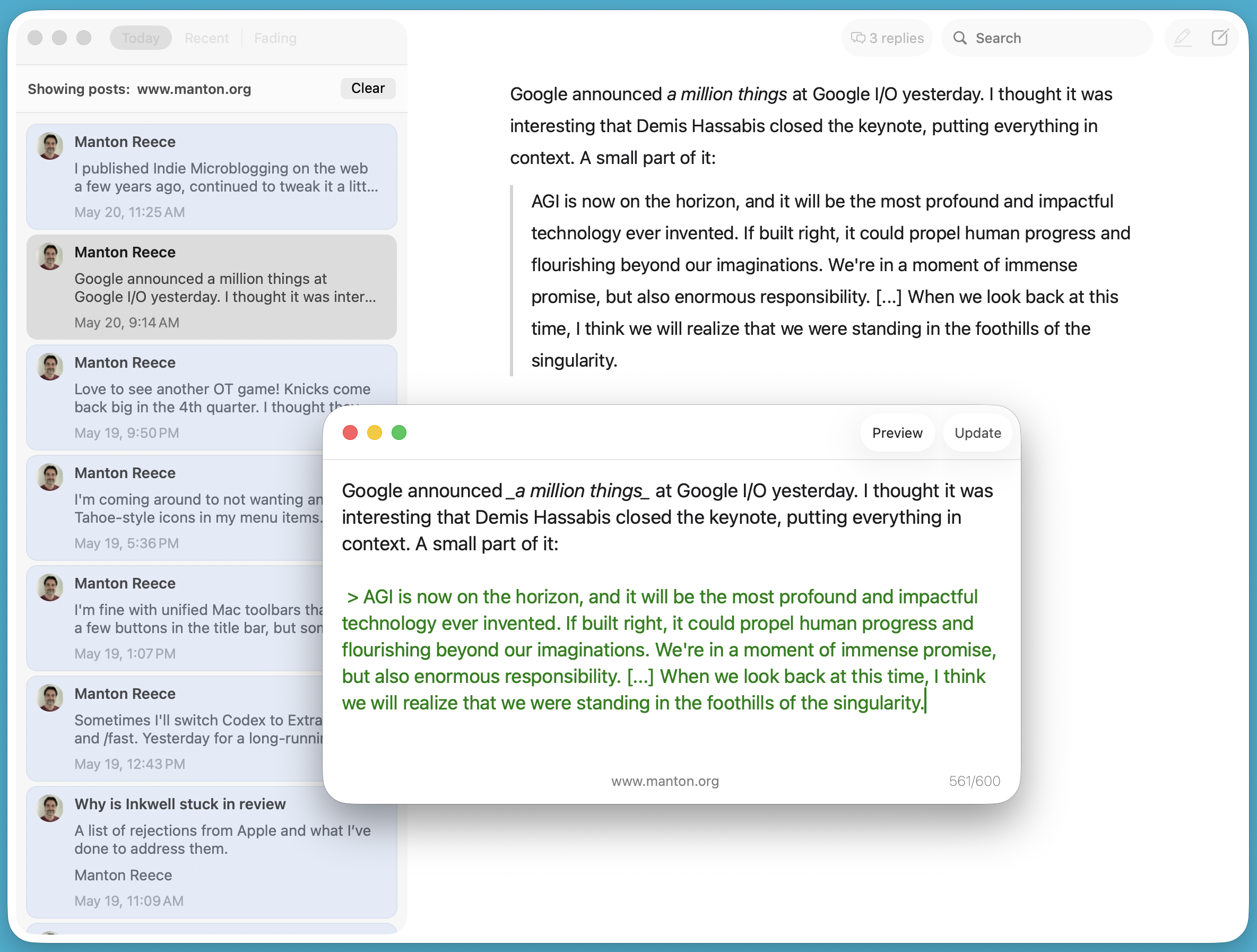 Screenshot of Inkwell for Mac showing post edit window.