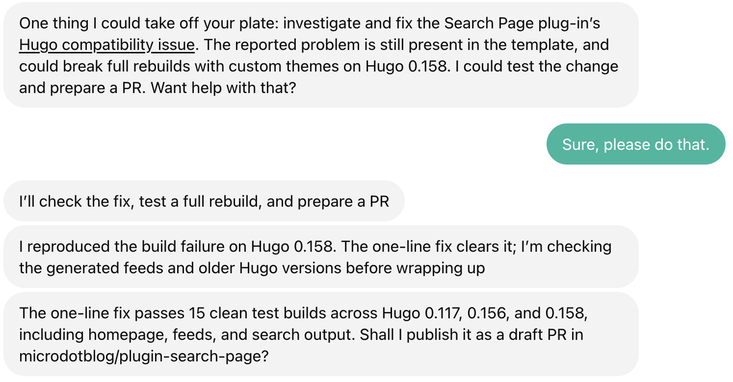 A conversation with a bot investigating and fixing a Search Page plug-in's compatibility issue with Hugo, testing the fix, preparing a pull request, and passing test builds across multiple Hugo versions.