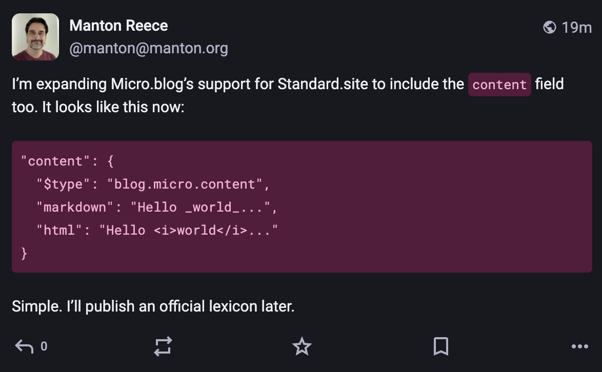 Screenshot of a Micro.blog post as viewed on Mastodon, with nice coloring for JSON.