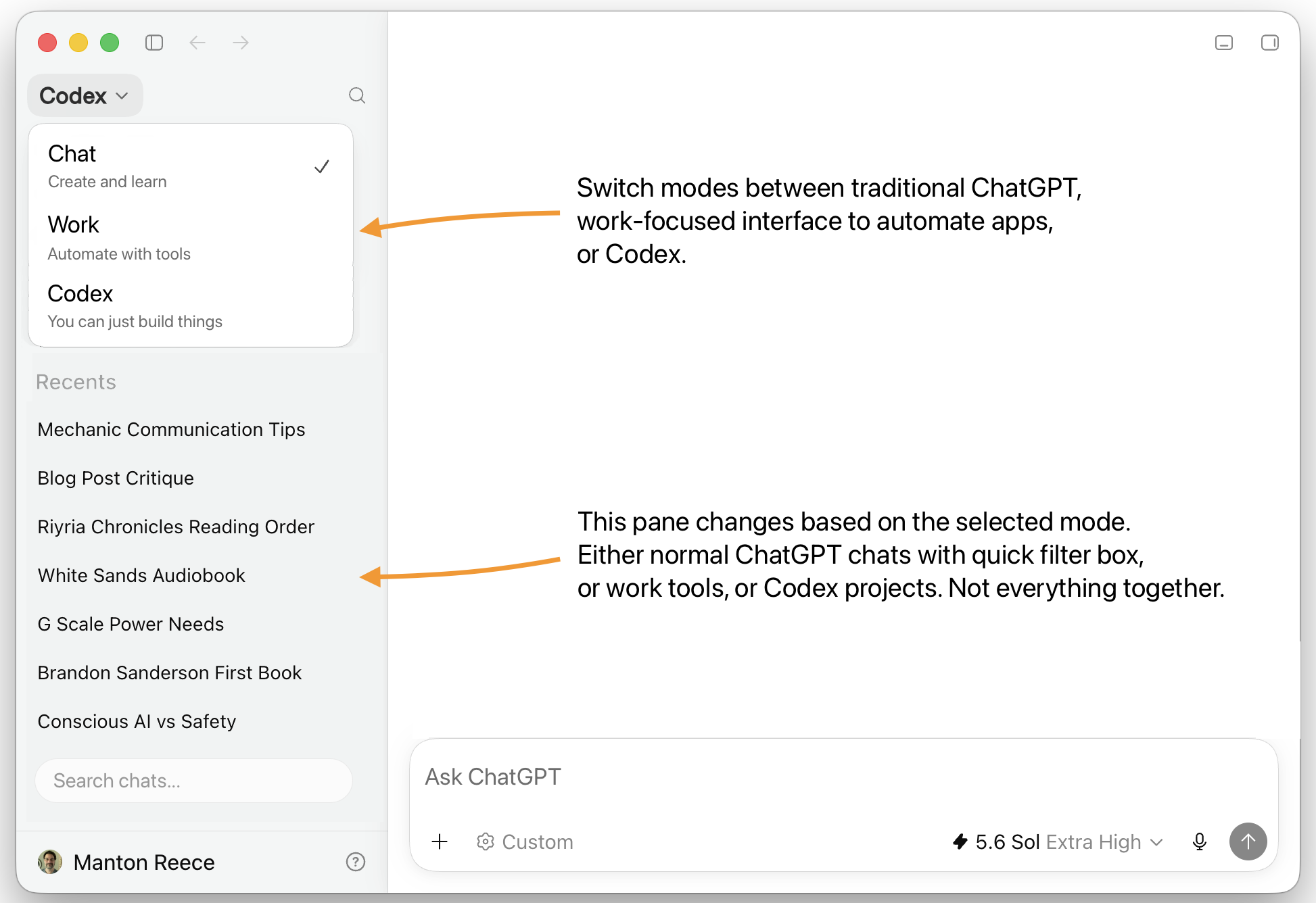 A user interface shows a sidebar for switching between ChatGPT, work-focused automation, or Codex modes, with a list of recent chats and explanations about mode-specific pane functionality.