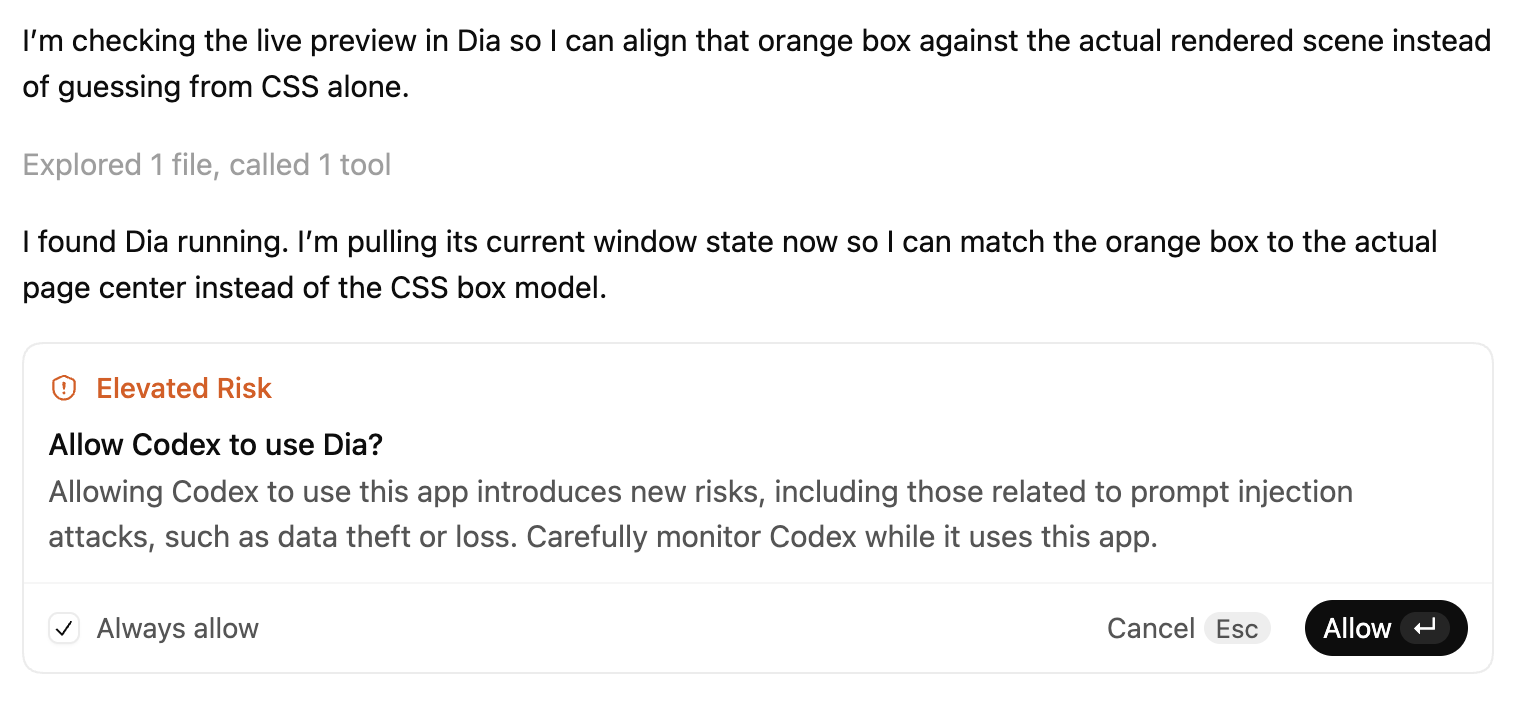 A software interface displays a dialog about allowing Codex to use the app Dia, highlighting elevated risk concerns.