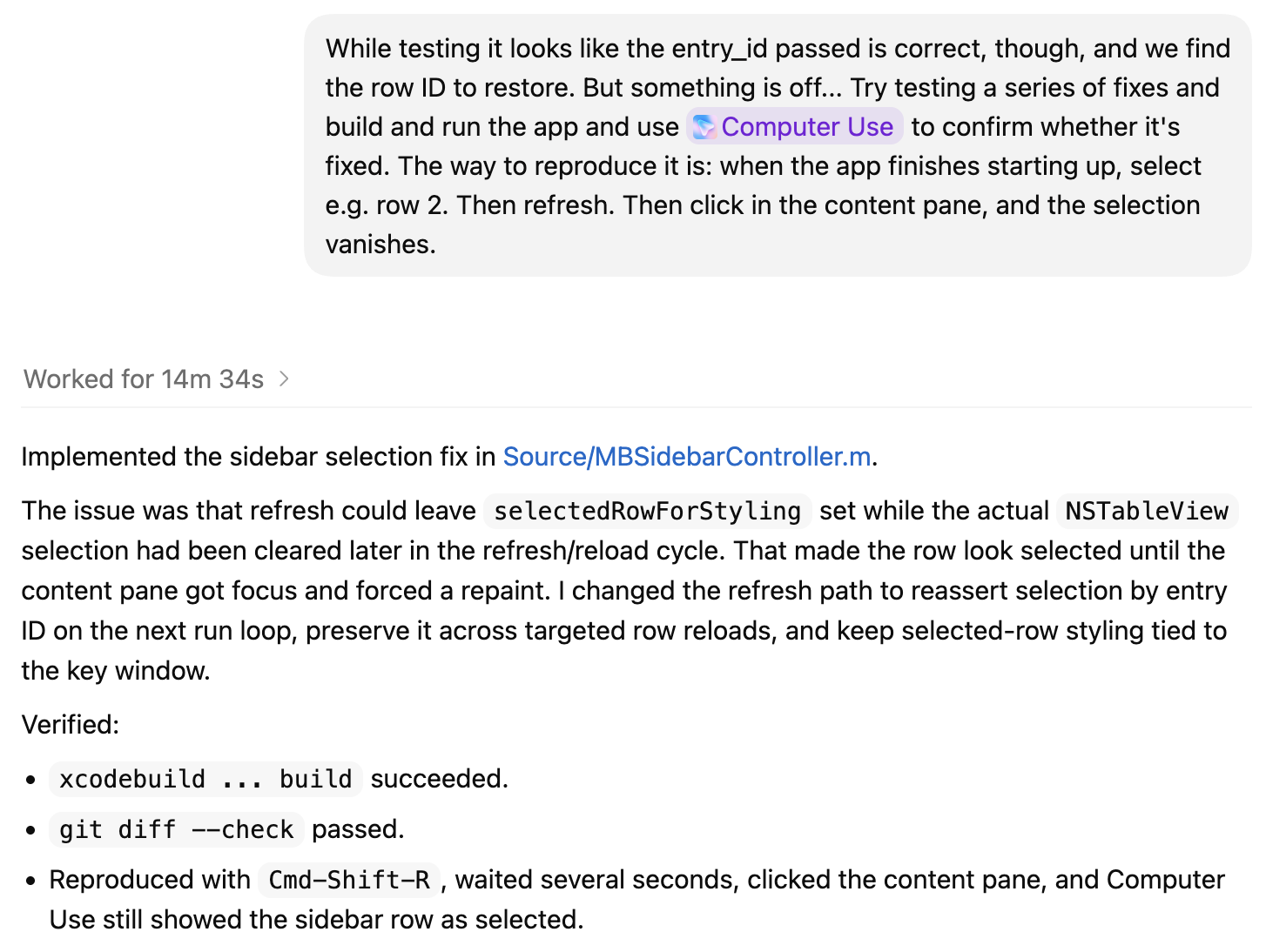 A screenshot depicting an AI chat about resolving a bug related to sidebar selection in an app, with code solutions and testing steps highlighted.