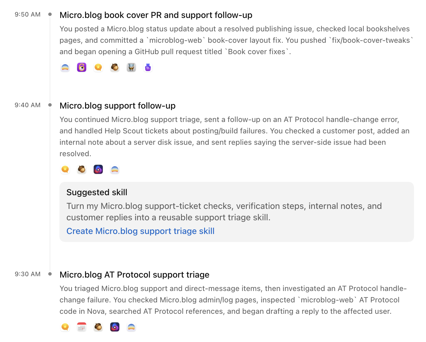 The timeline shows a series of technical support and development activities related to Micro.blog, including resolving publishing issues, supporting AT Protocol handle-change errors, and improving book cover layout fixes.