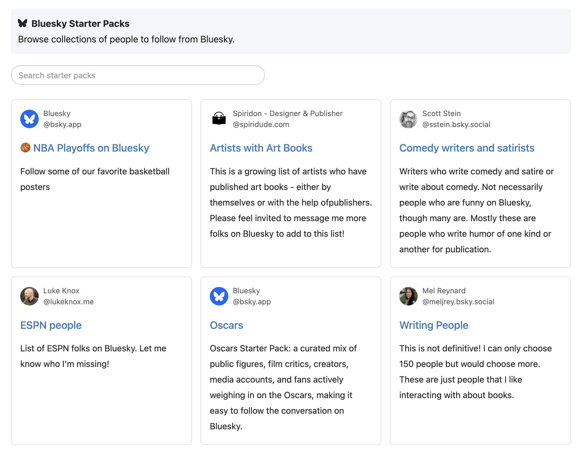 Screenshot displays various starter packs on Bluesky, featuring collections of NBA playoff posters, artists with art books, comedy writers and satirists, ESPN people, Oscars, and preferred writers.