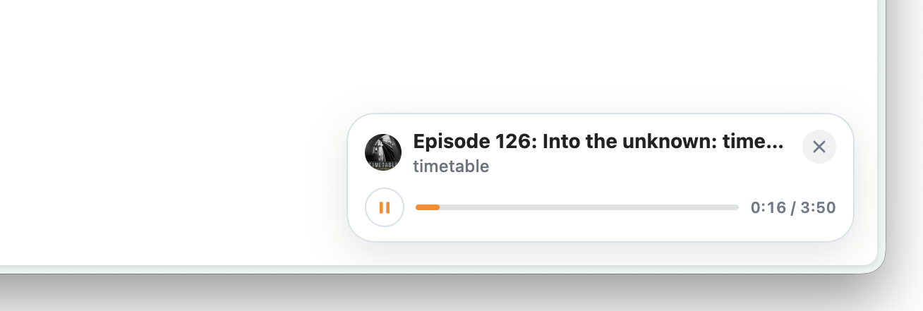 A media player in the corner of the window is showing with Episode 126: Into the unknown... currently playing and an elapsed timer.