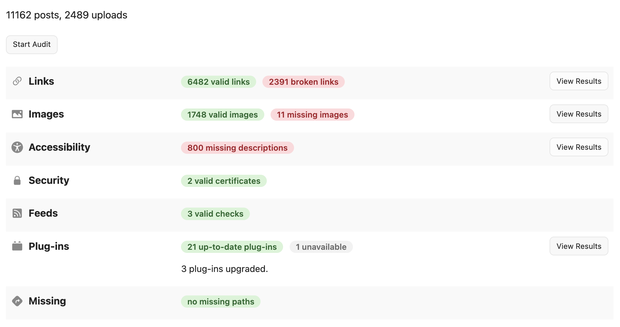 A dashboard displays audit results with various categories including Links, Images, Accessibility, Security, Feeds, Plug-ins, and Missing, showing counts of valid and broken items along with buttons to view results.