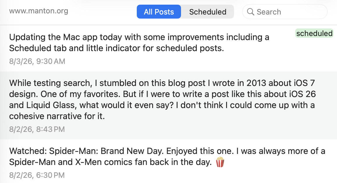 Screenshot of Mac app with posts list.