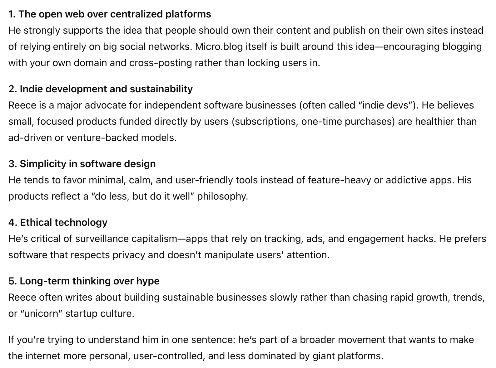 Screenshot of part of a ChatGPT transcript with five bullet points.