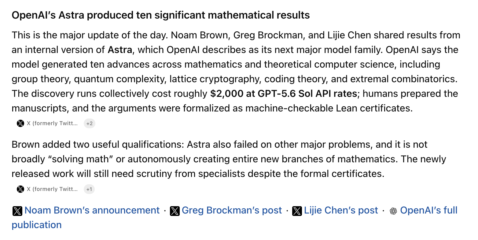 Screenshot of a summary of OpenAI news with new model Astra producing ten significant mathematical results advancing various areas of mathematics and theoretical computer science.