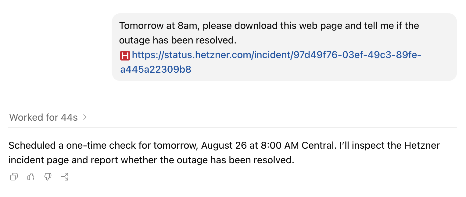A message requests downloading a webpage at 8 am the next day to check if a Hetzner outage has been resolved, accompanied by a status link and a confirmation note about the scheduled inspection.