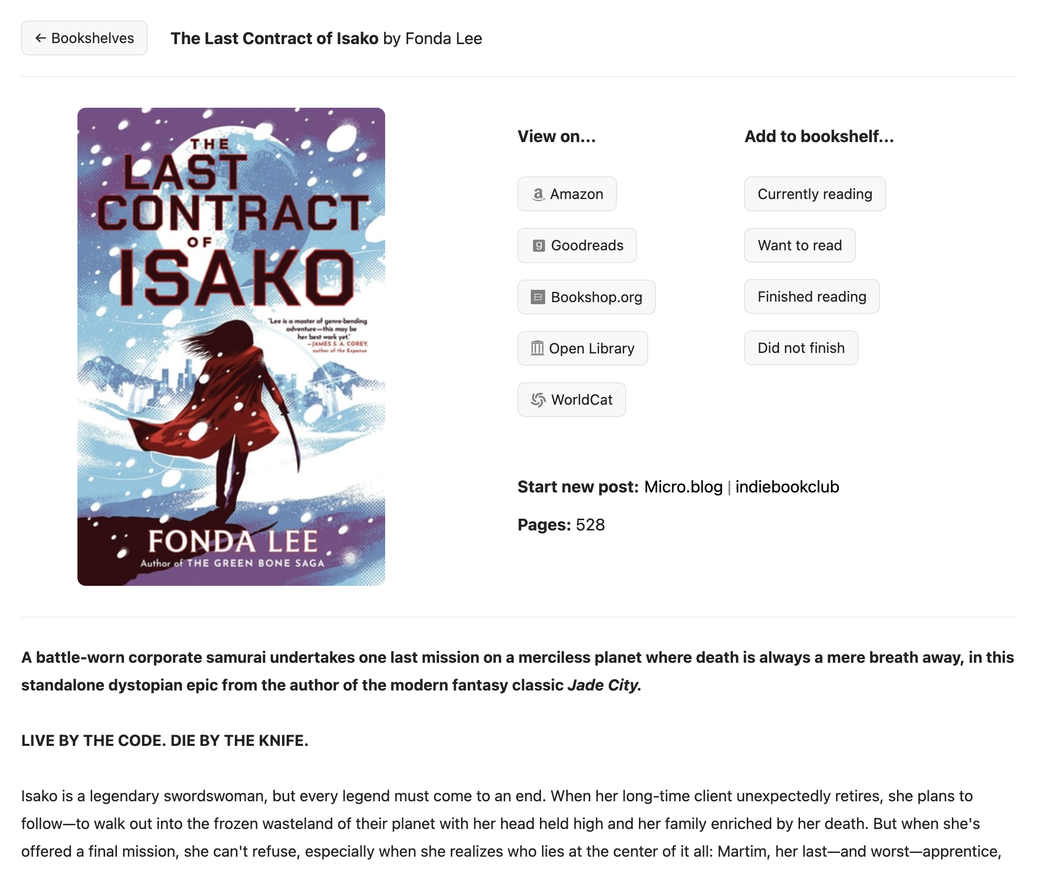 A book listing for The Last Contract of Isako by Fonda Lee, with link options and a description.