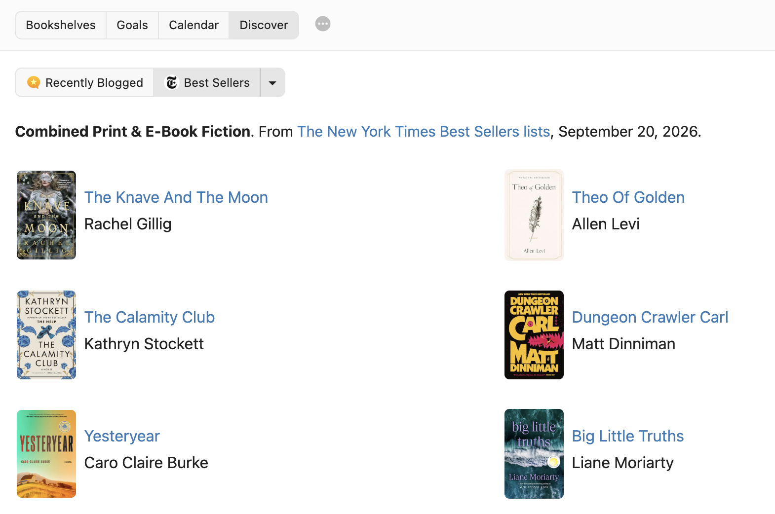 Screenshot with best-selling combined print and e-book fiction titles from The New York Times Best Sellers for September 20, 2026.
