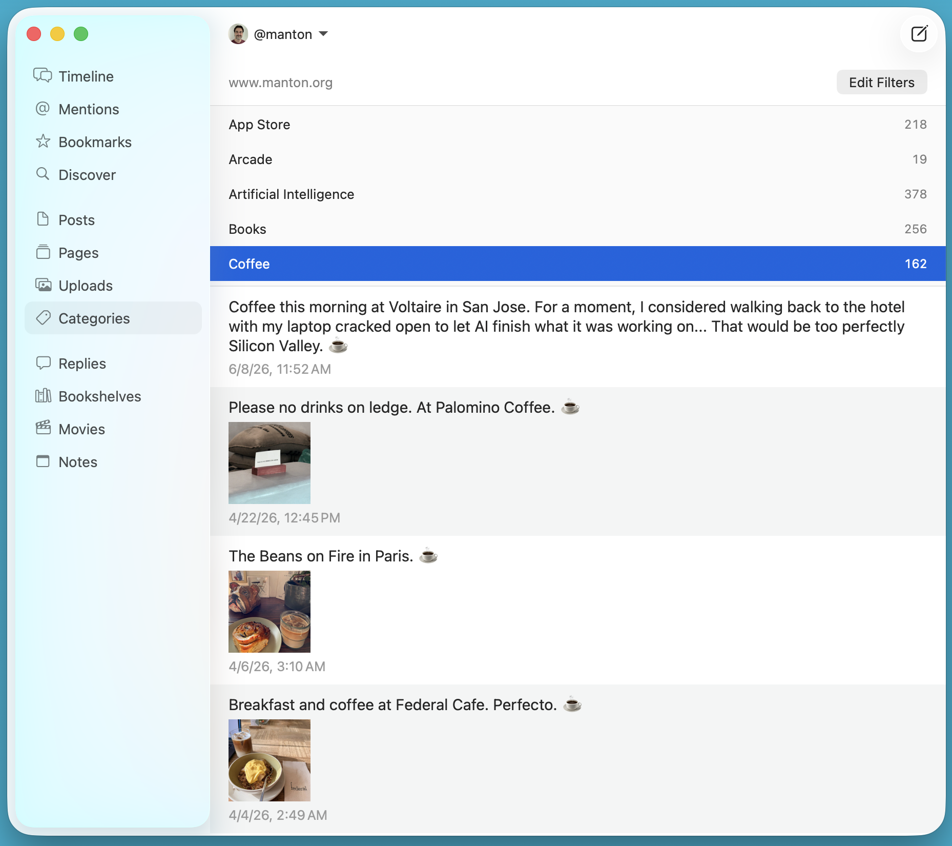 A screenshot shows a user interface featuring a sidebar with section links and a content area displaying a list of categories and posts.