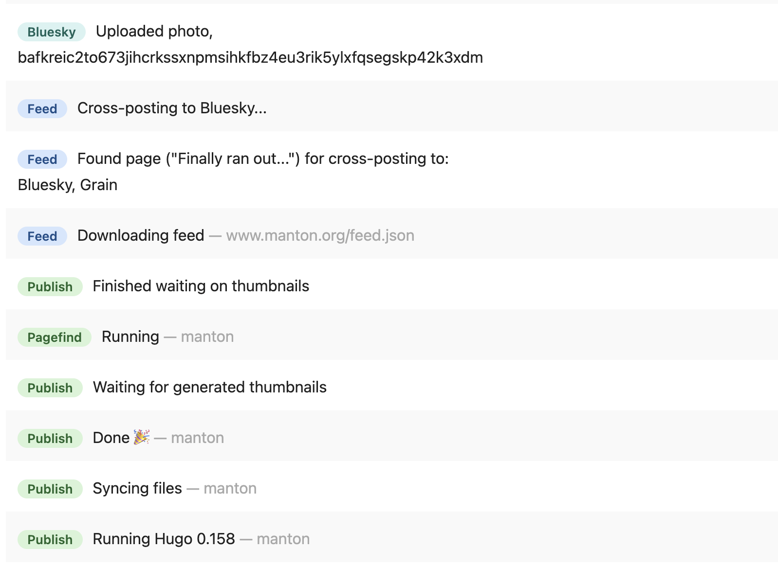 A series of status updates and logs show the progress of tasks related to cross-posting, downloading feeds, generating thumbnails, syncing files, and running Hugo.
