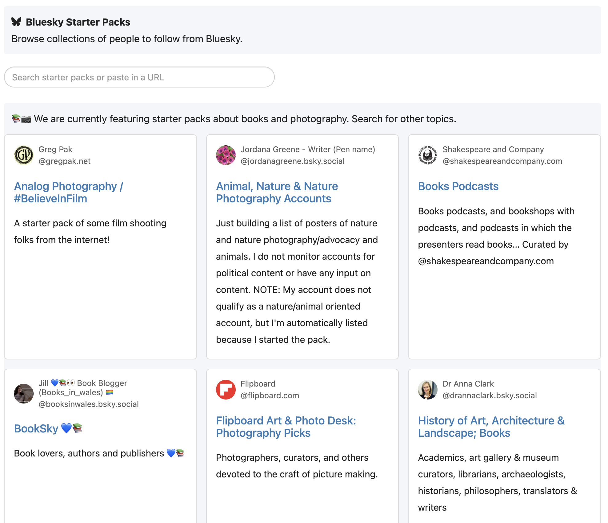 Collections of starter packs for following various accounts related to books, photography, podcasts, and art on Bluesky are displayed.