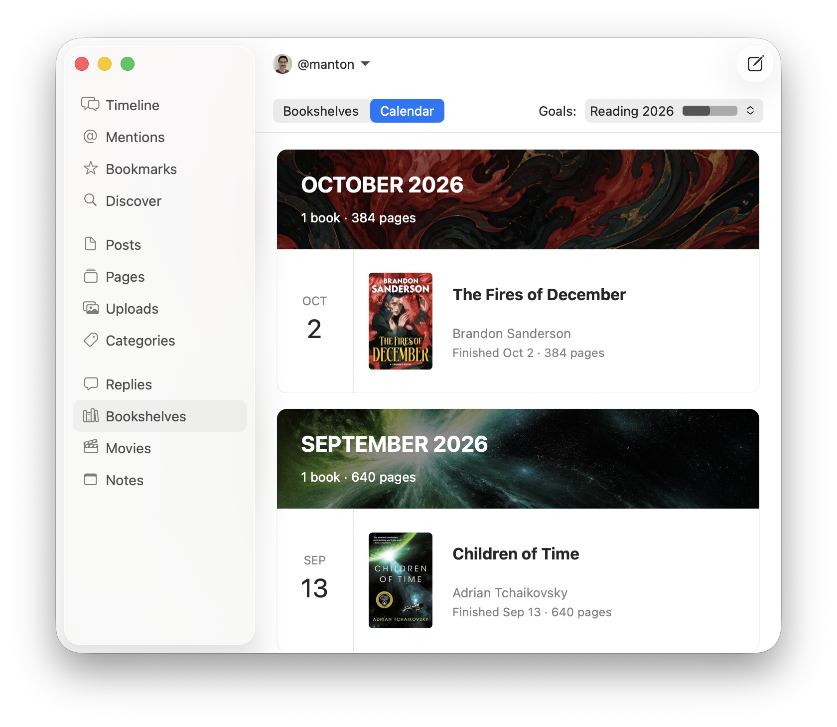Screenshot of Mac app shows completed books with titles, authors, finish dates, and page counts for October and September 2026.