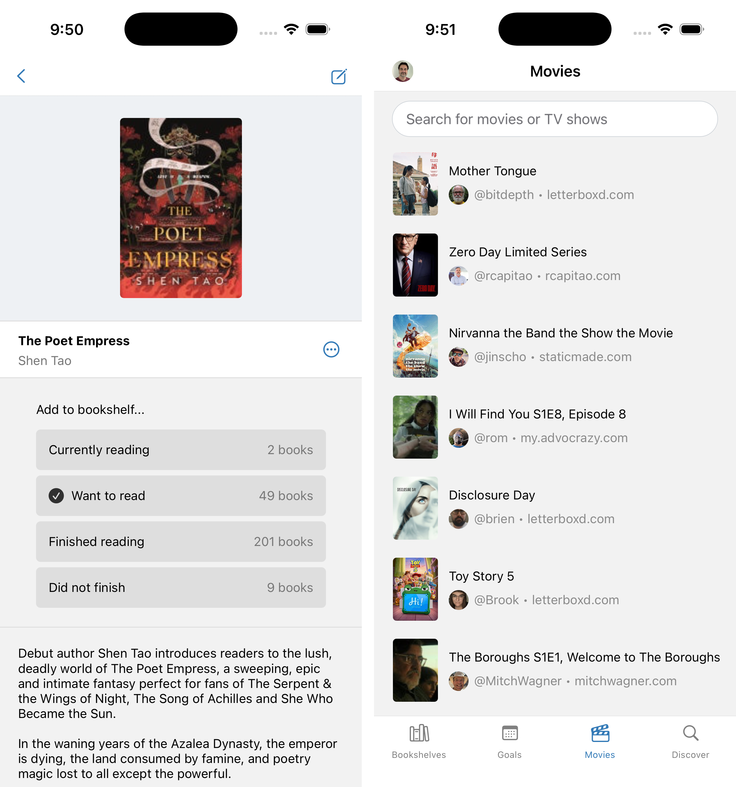 Screenshot shows details about the book The Poet Empress by Shen Tao on one screen and a list of movies and TV shows on another screen.