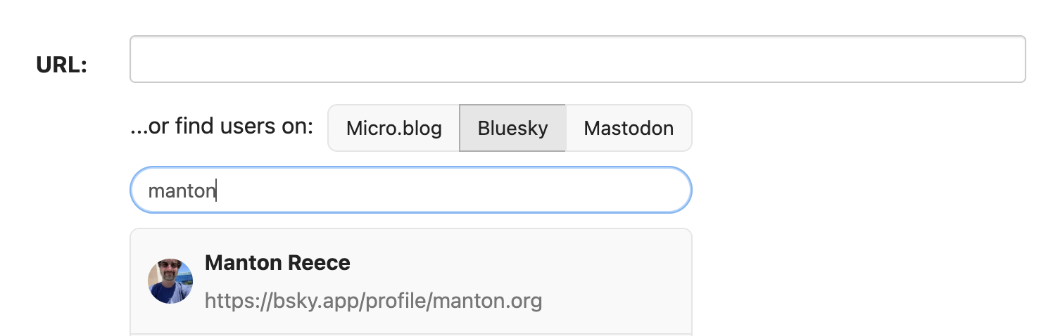 Screenshot of search field with options to find users on Micro.blog, Bluesky, and Mastodon, showing a profile result for Manton Reece.