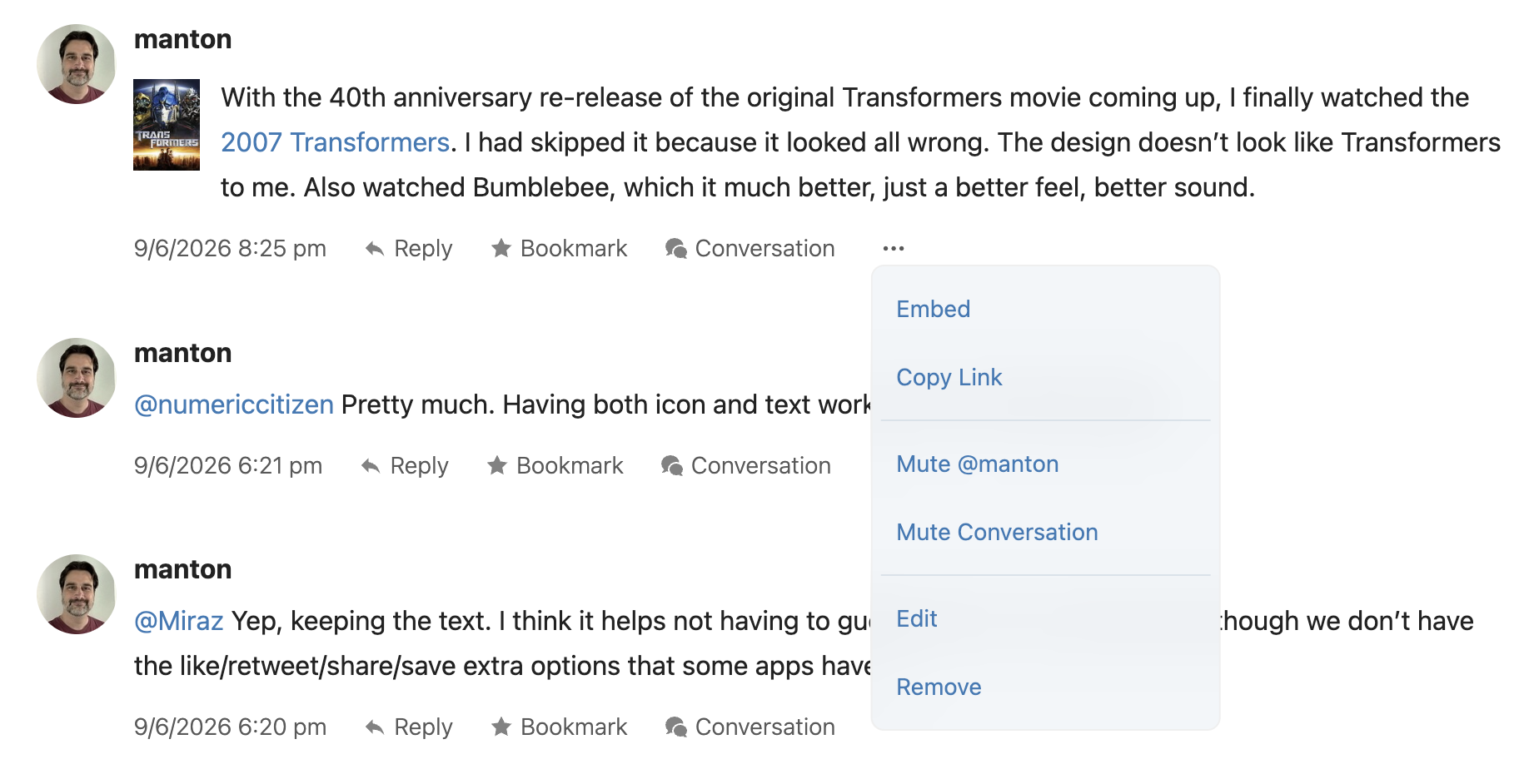 Screenshot of Micro.blog with some posts from Manton showing new icons in action links and a context menu.
