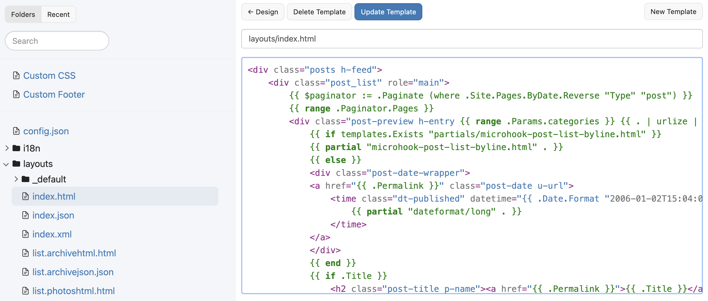 Screenshot of web text editor showing Hugo and HTML tags, with sidebar of hierarchical file list on the left.
