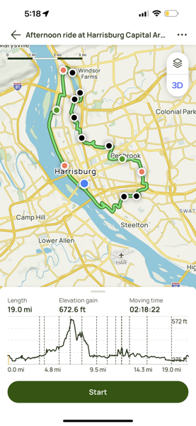 Screenshot of our bike ride on the Greenbelt (using All Trails on iOS)