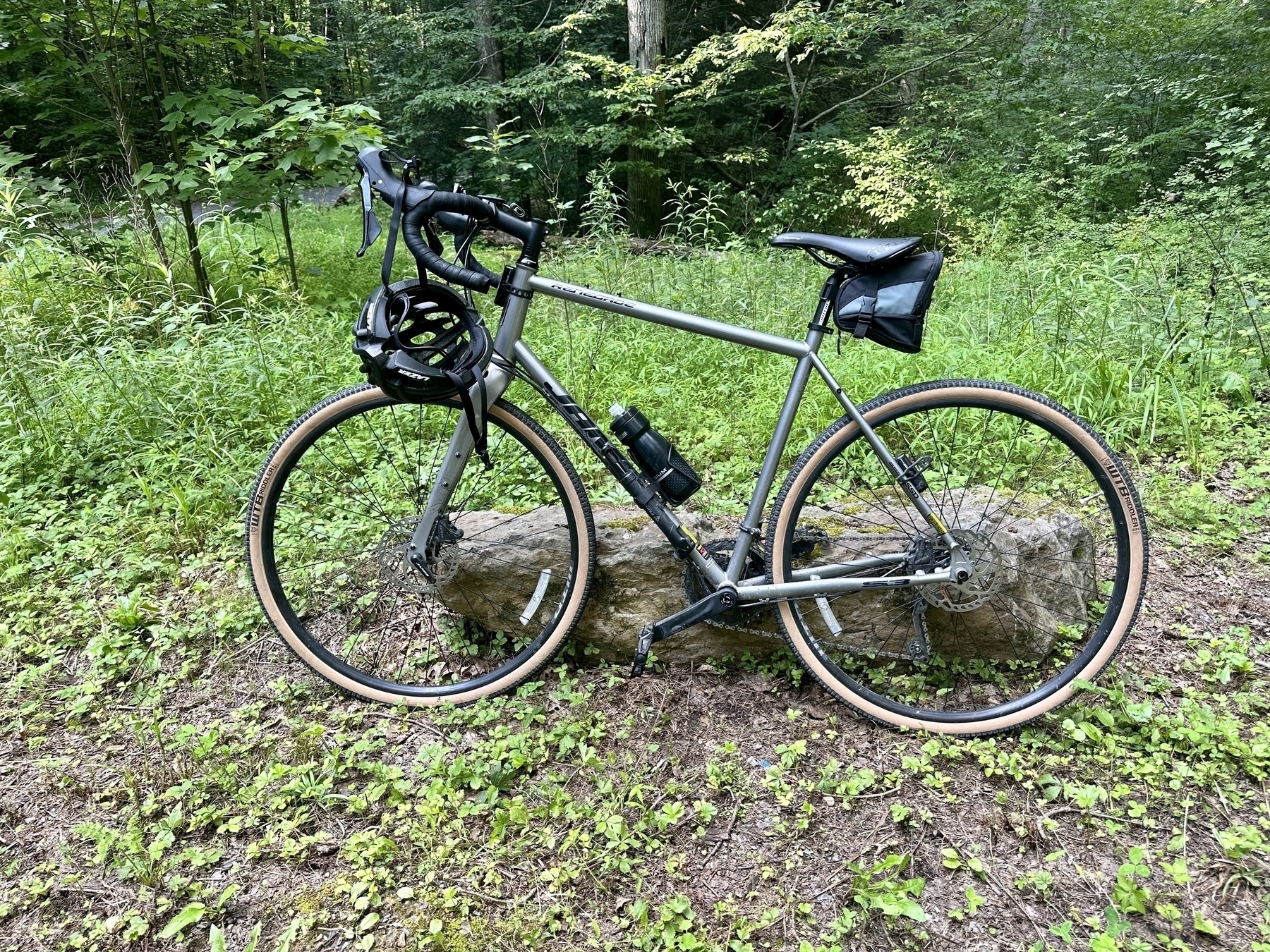 Janis Renegade S3 bike resting against a rock alongside a trail against a backdrop of thick green foliage, deep in the woods of Central Pennsylvania. 