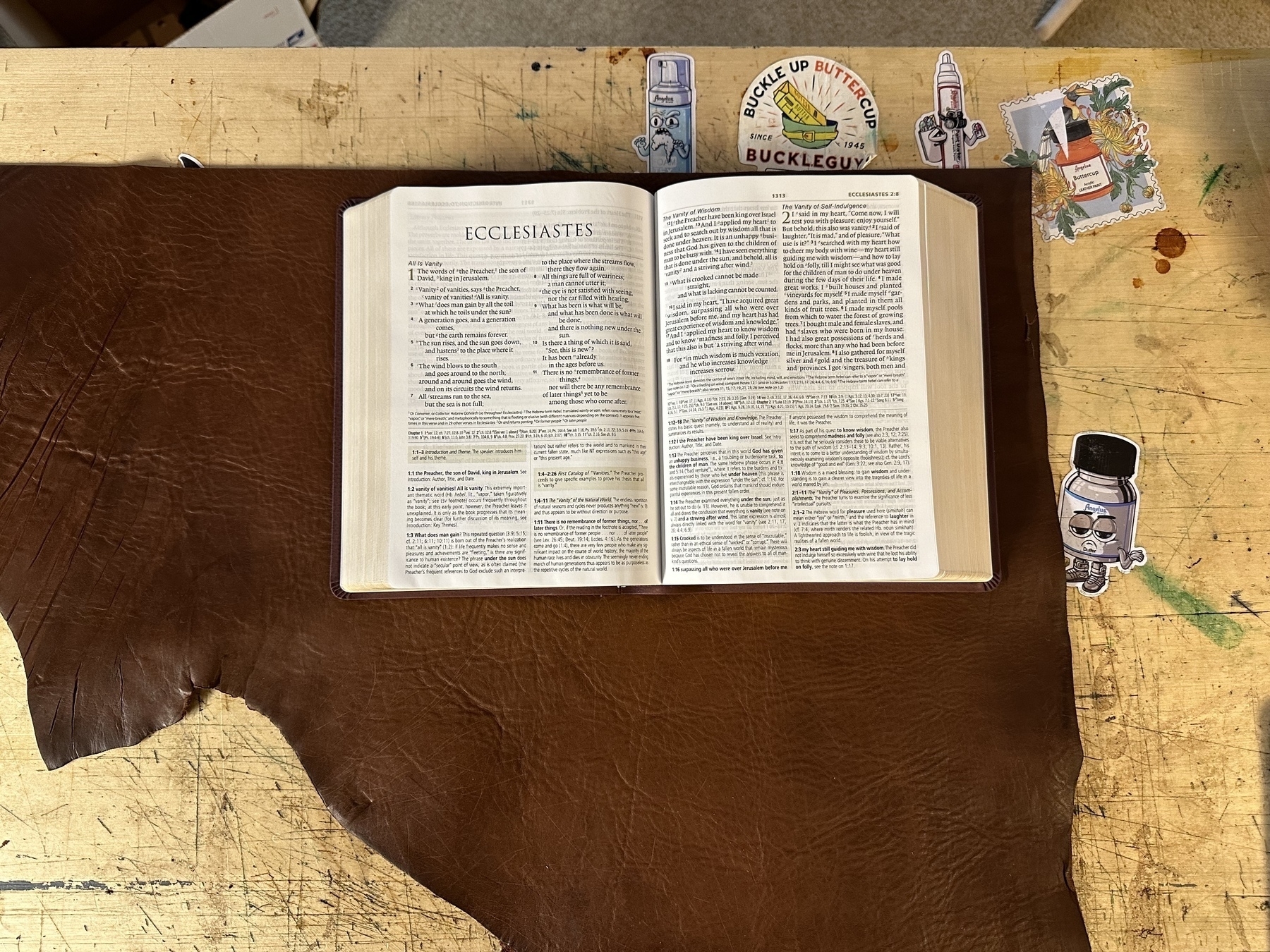 ESV Study Bible laying open on top of a brown leather remnant