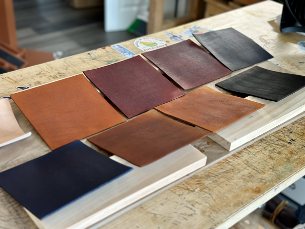 Leather dye samples drying