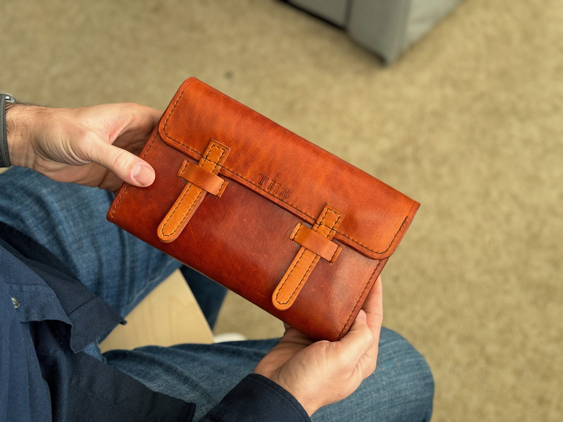 custom leather cigar case shown closed with monogram on the front
