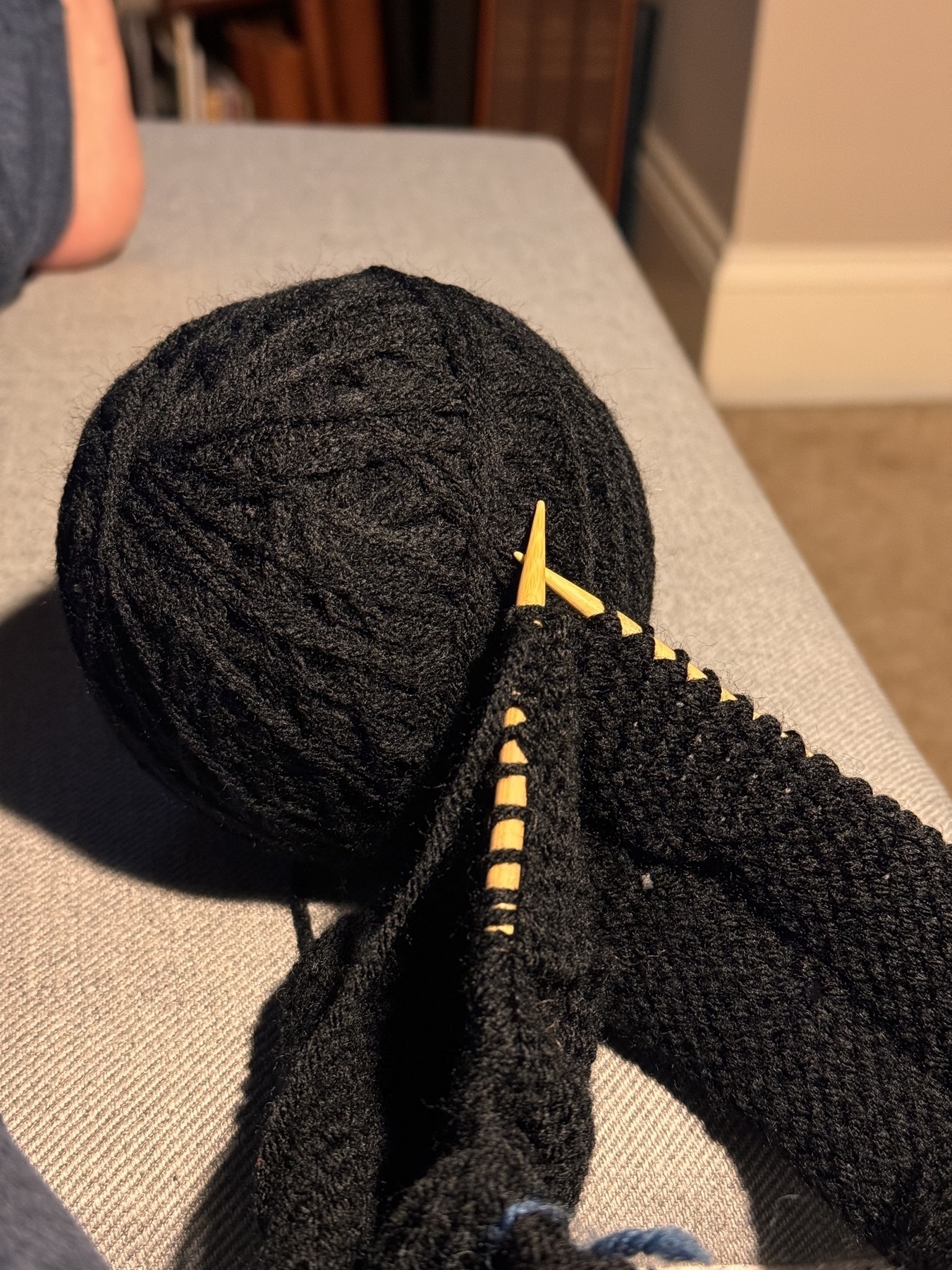 Circular knitting needles with black yarn. 