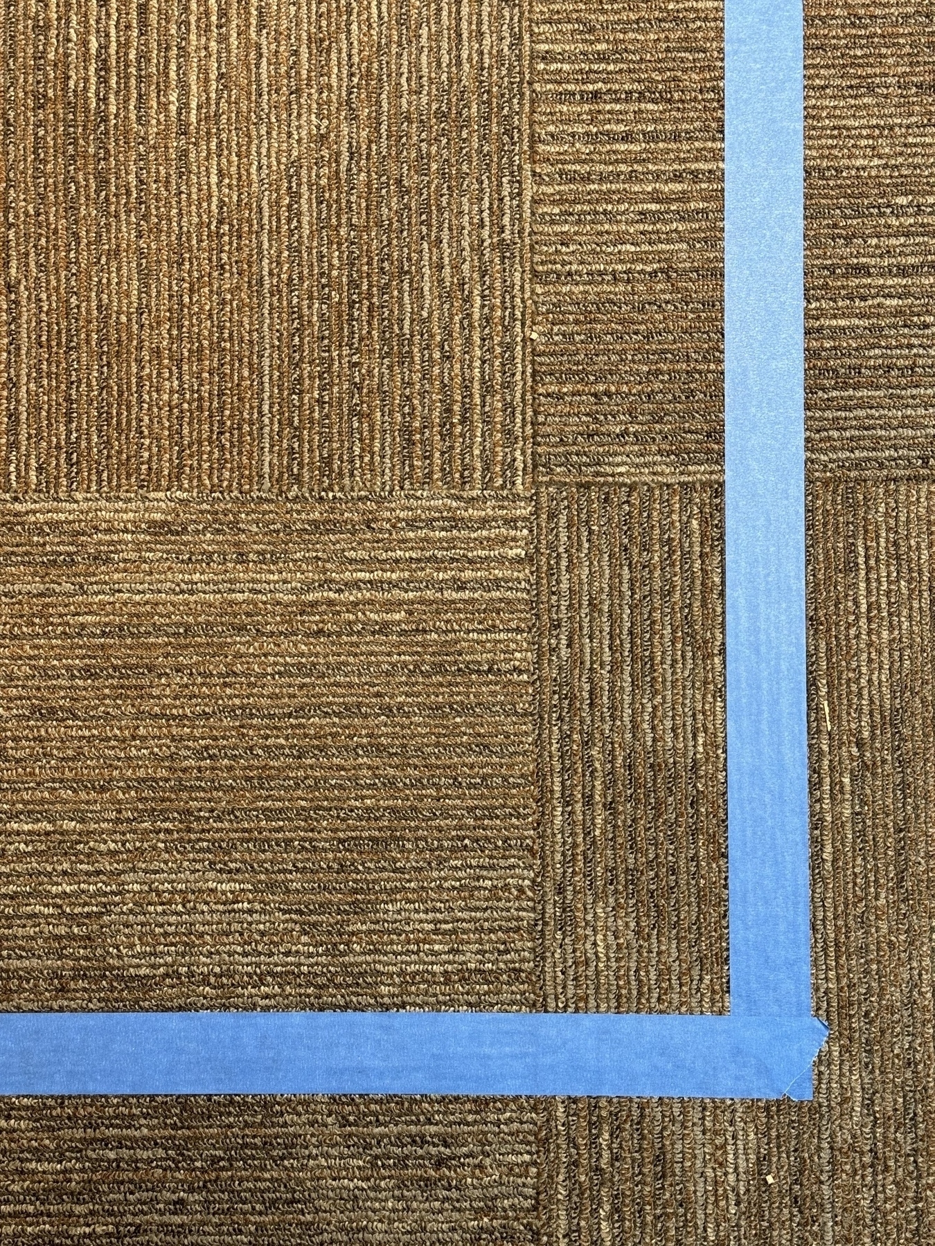 Blue tape is laid out in an L shape on a textured, brown carpeted floor.