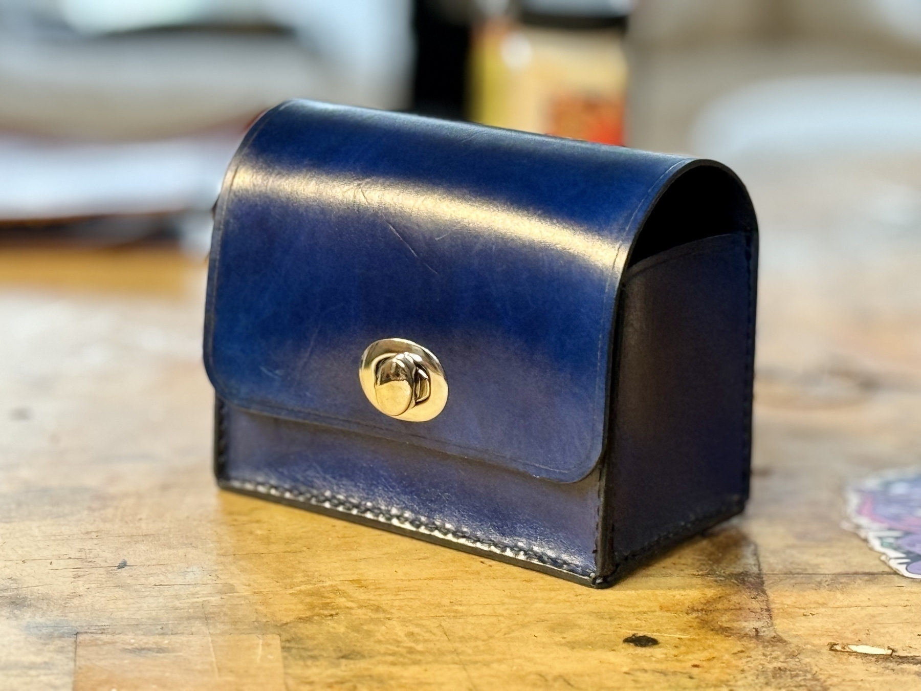 Leather match box dyed in royal blue. 