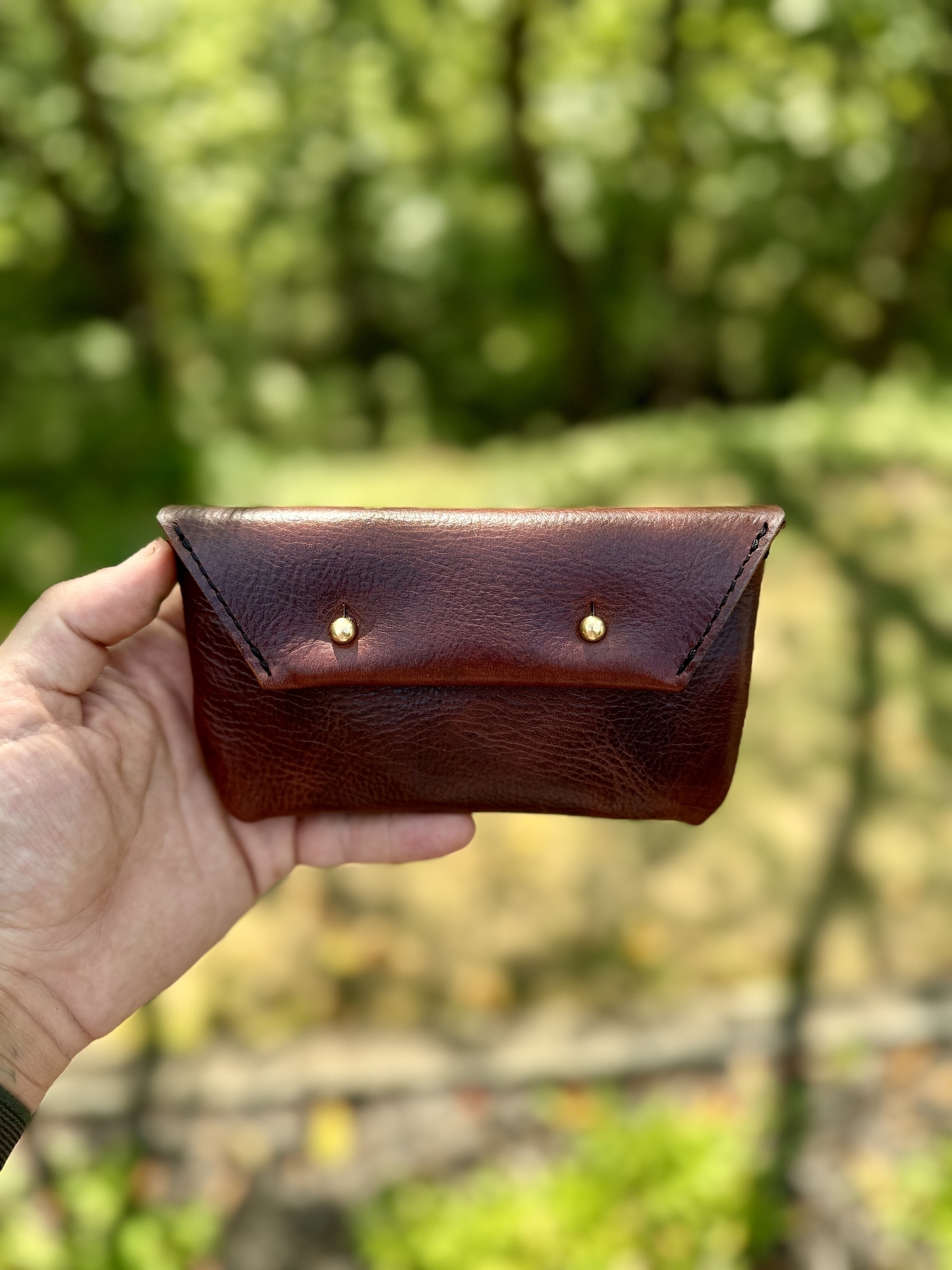 A hand is holding a brown leather pouch with two gold-colored snaps, against a blurred outdoor background.