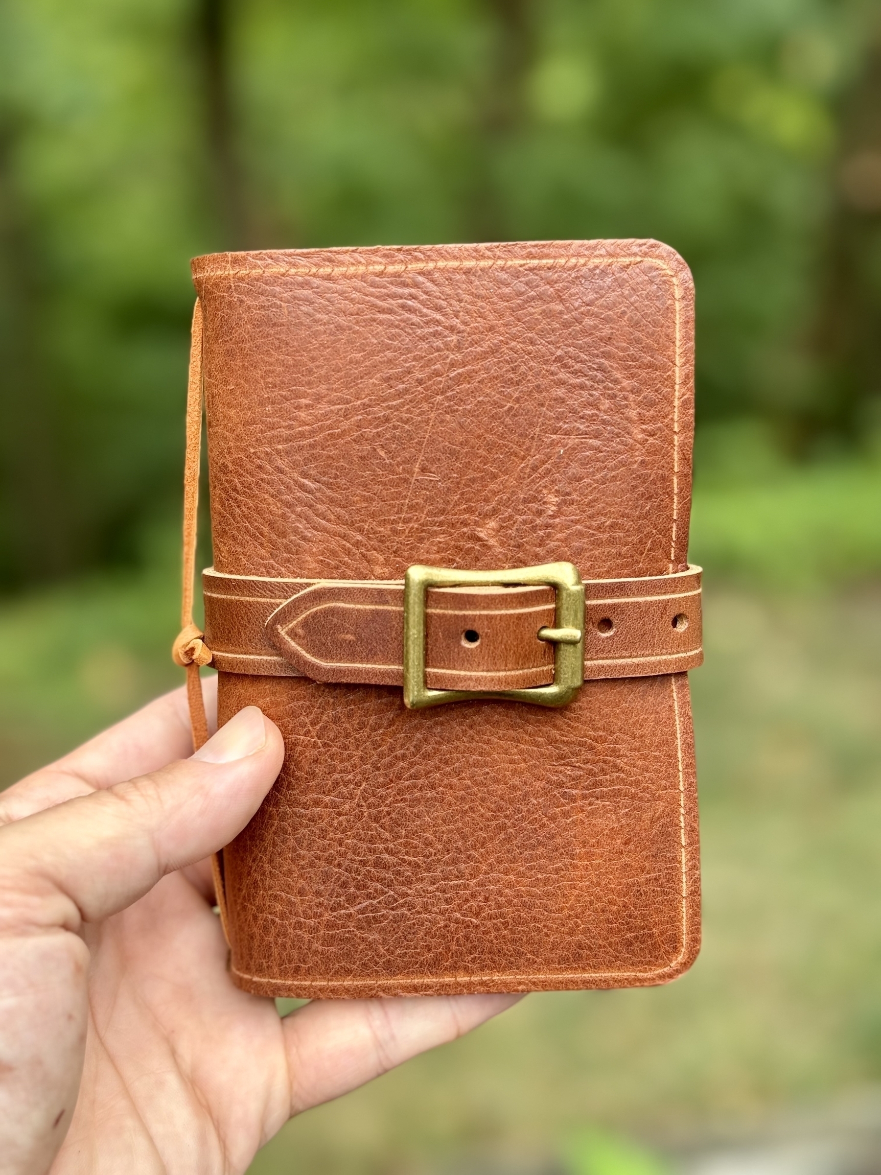 A hand is holding a brown leather journal with a brass buckle closure against a blurred green outdoor background.