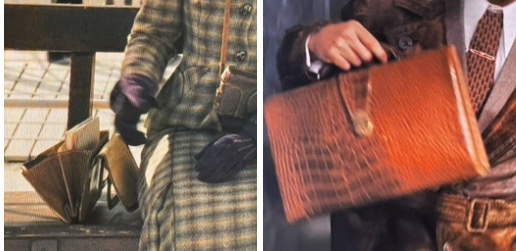 A vintage photo on the left shows a person sitting on a bench beside a leather accordion file folder, while the right side features a person holding a textured leather briefcase.