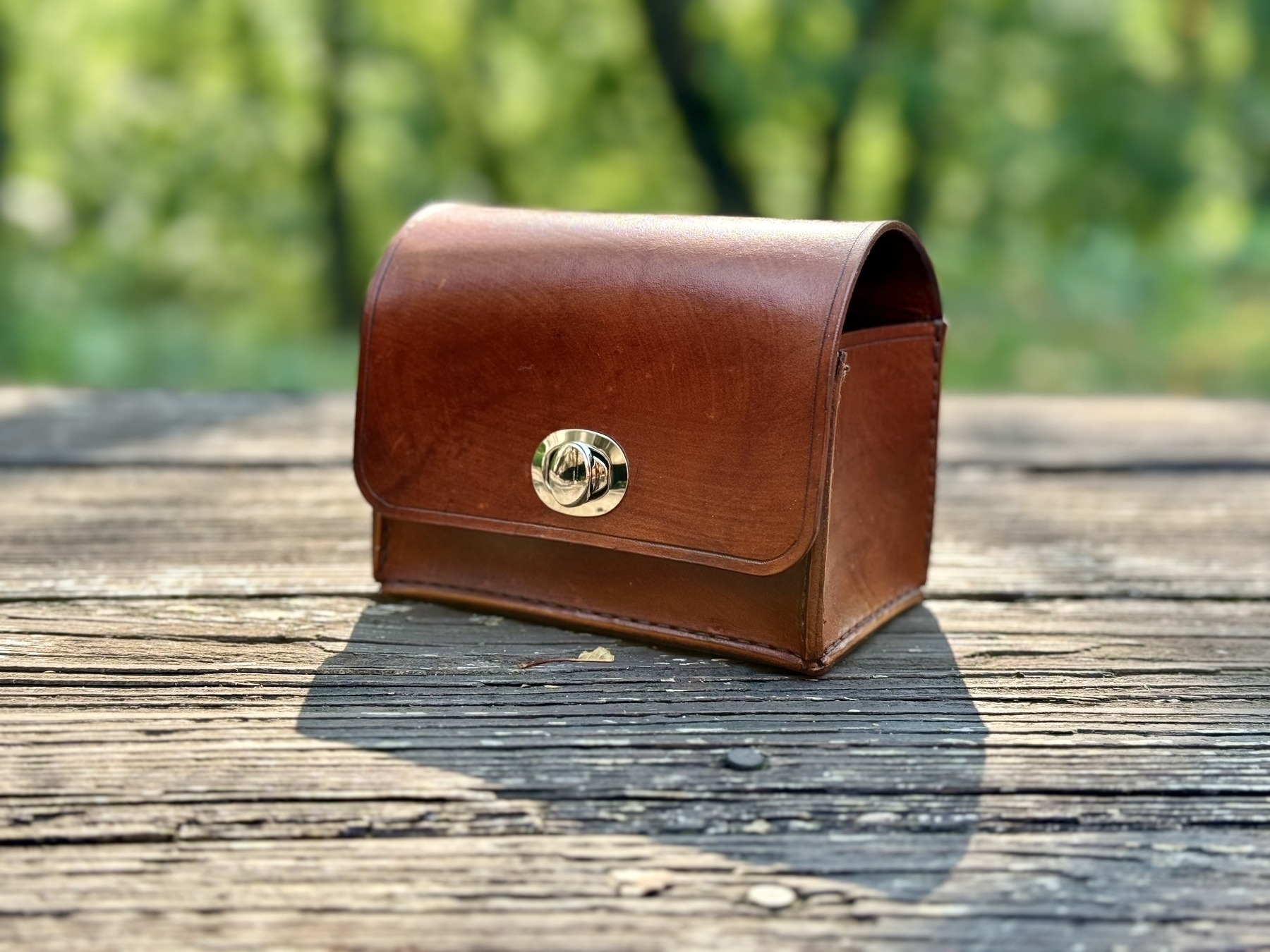 A brown leather box with a metal clasp sits on a wooden surface against a blurred nature background.