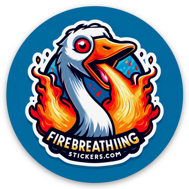 A white goose breathing fire with red eyes on a blue background. Text on the image: FireBreathingStickers.com