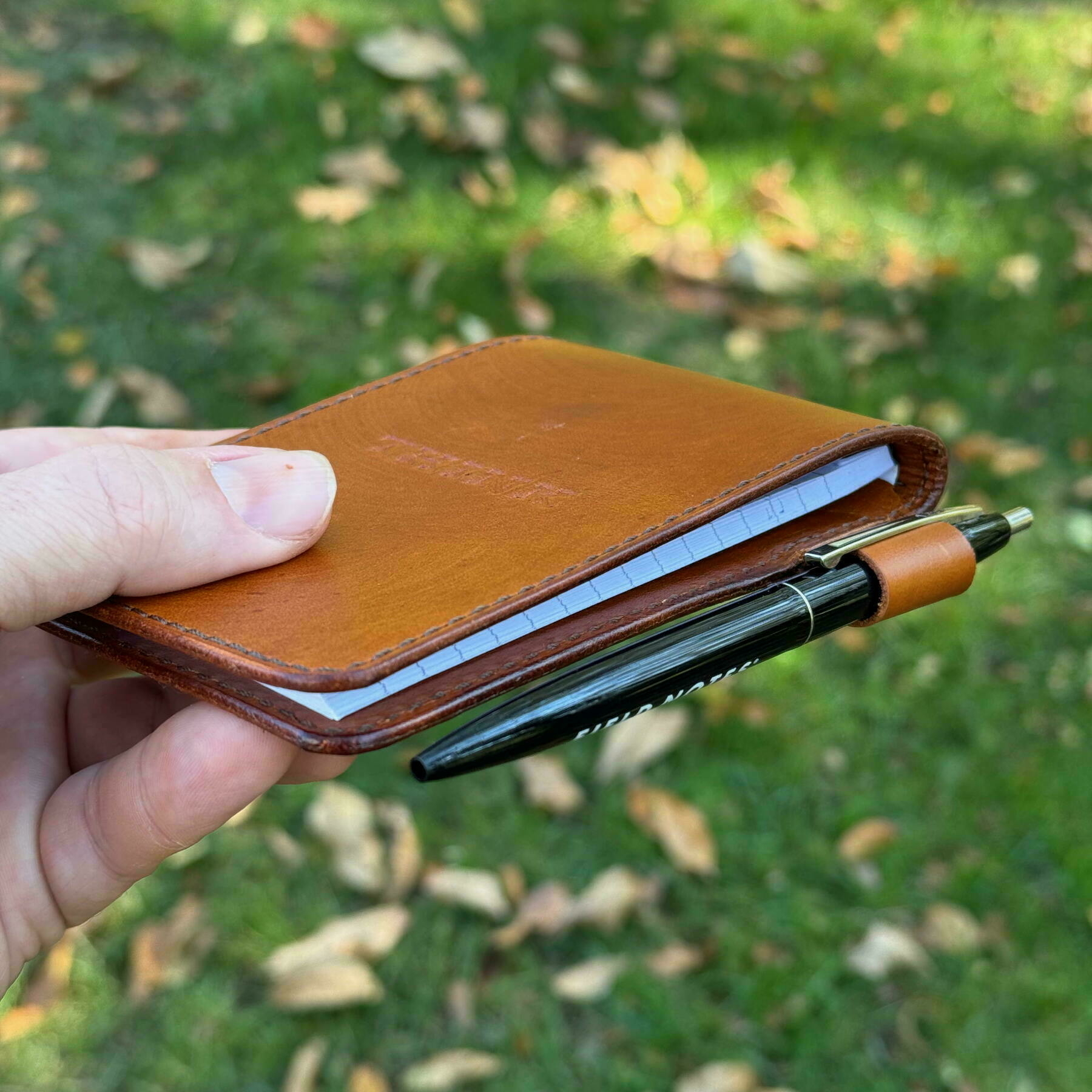 Auto-generated description: A hand is holding a brown leather notebook with a pen clipped to it, set against a grassy background with scattered leaves.