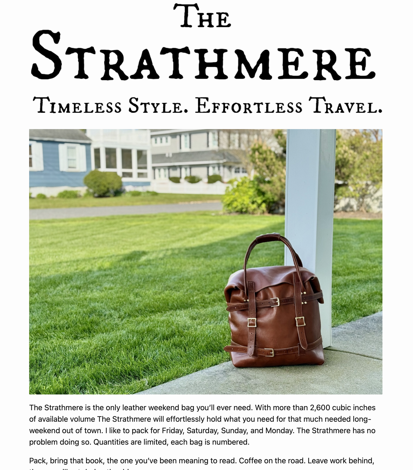 Screenshot of the in-progress landing page for The Strathmere leather weekend bag