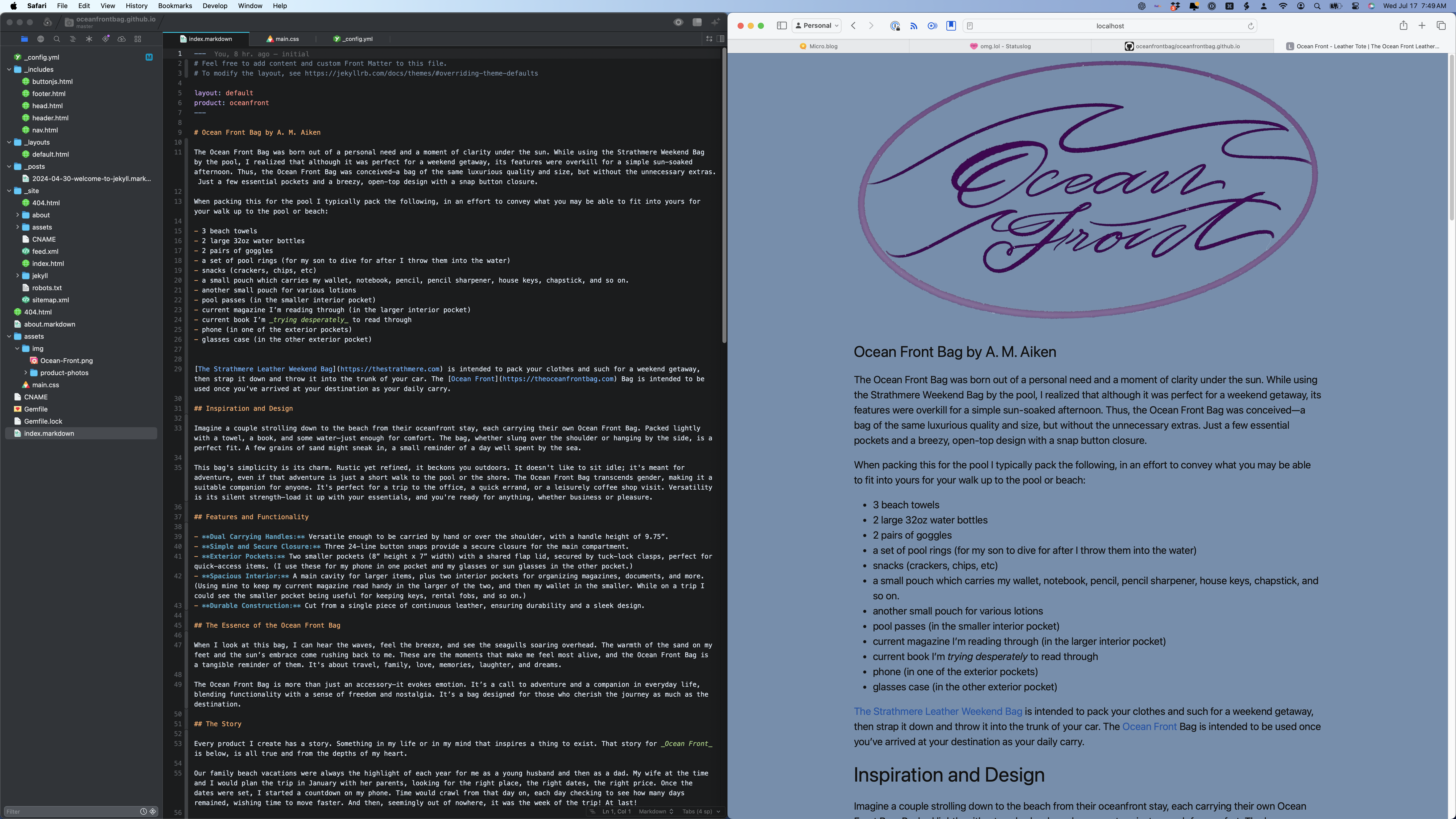 Screenshot of a code editor open on the left side of the window and a website open on the right side.