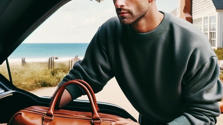 The Strathmere Club - Man getting a leather bag out of the car trunk at the beach.