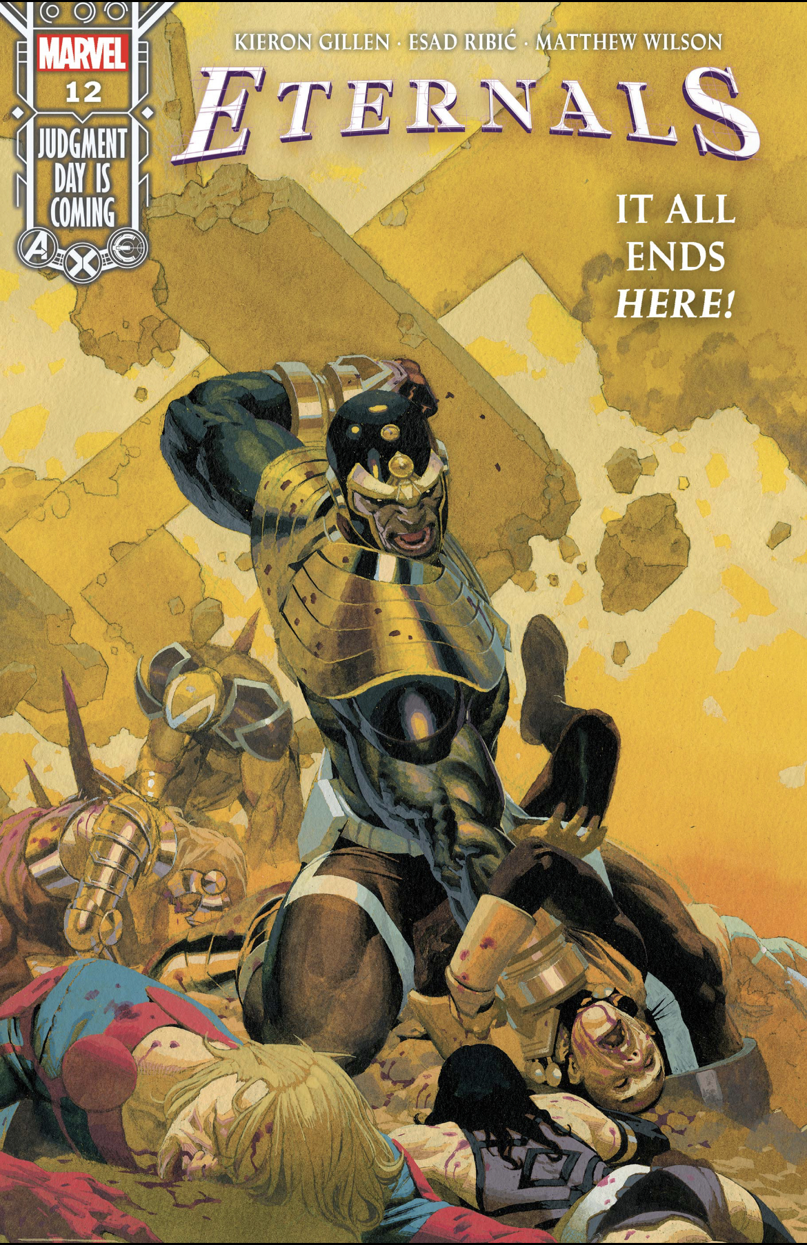 Cover of comic book "Eternals" issue 12 shows Thanos punching down at defeated hero