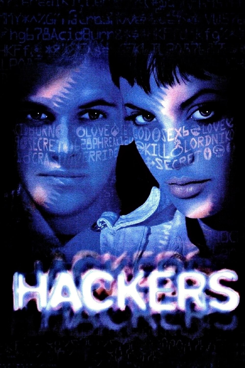 Two faces are front and center in a digitally-styled image, featuring a blue and purple color scheme with lines of code overlaying their expressions. The word "HACKERS" is prominently displayed at the bottom in a stylized font.