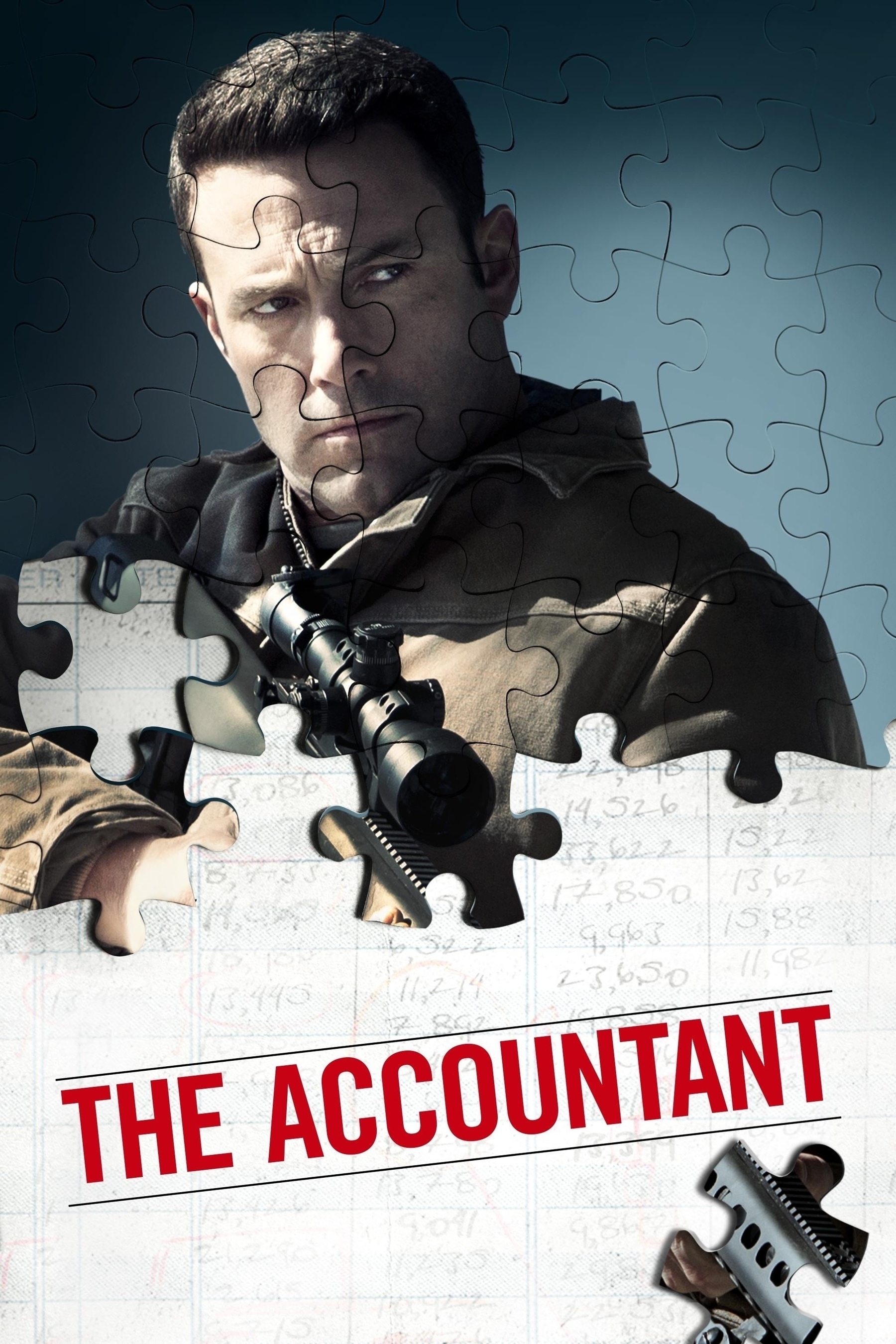 A movie poster for "The Accountant" features a man with a serious expression, holding a rifle with a scope. The image has a puzzle overlay effect. In the background, there are fragments of a ledger with numbers. The title "The Accountant" is displayed in bold red letters across the bottom.