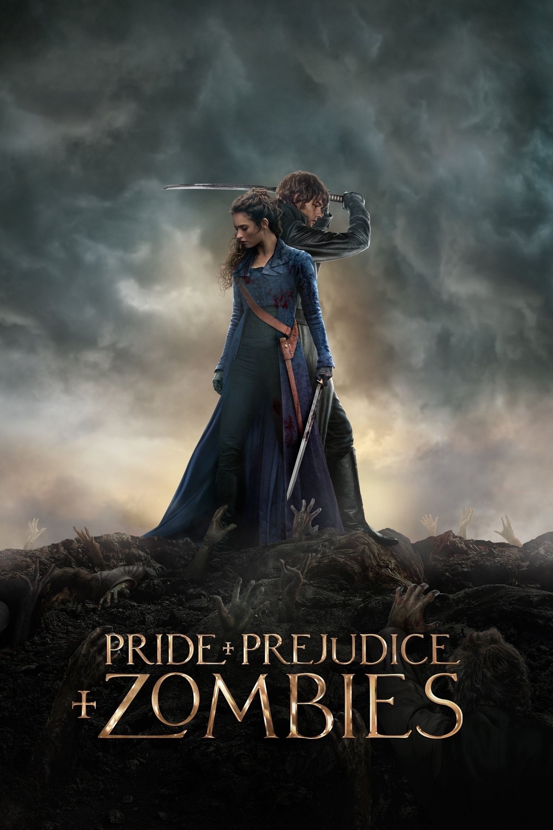 Poster for "Pride and Prejudice and Zombies." A woman in a long blue coat holds a bloody sword, standing back-to-back with a man wielding a sword. They are surrounded by reaching zombie hands emerging from the ground. The title "Pride and Prejudice and Zombies" is at the bottom, set against a cloudy sky.
