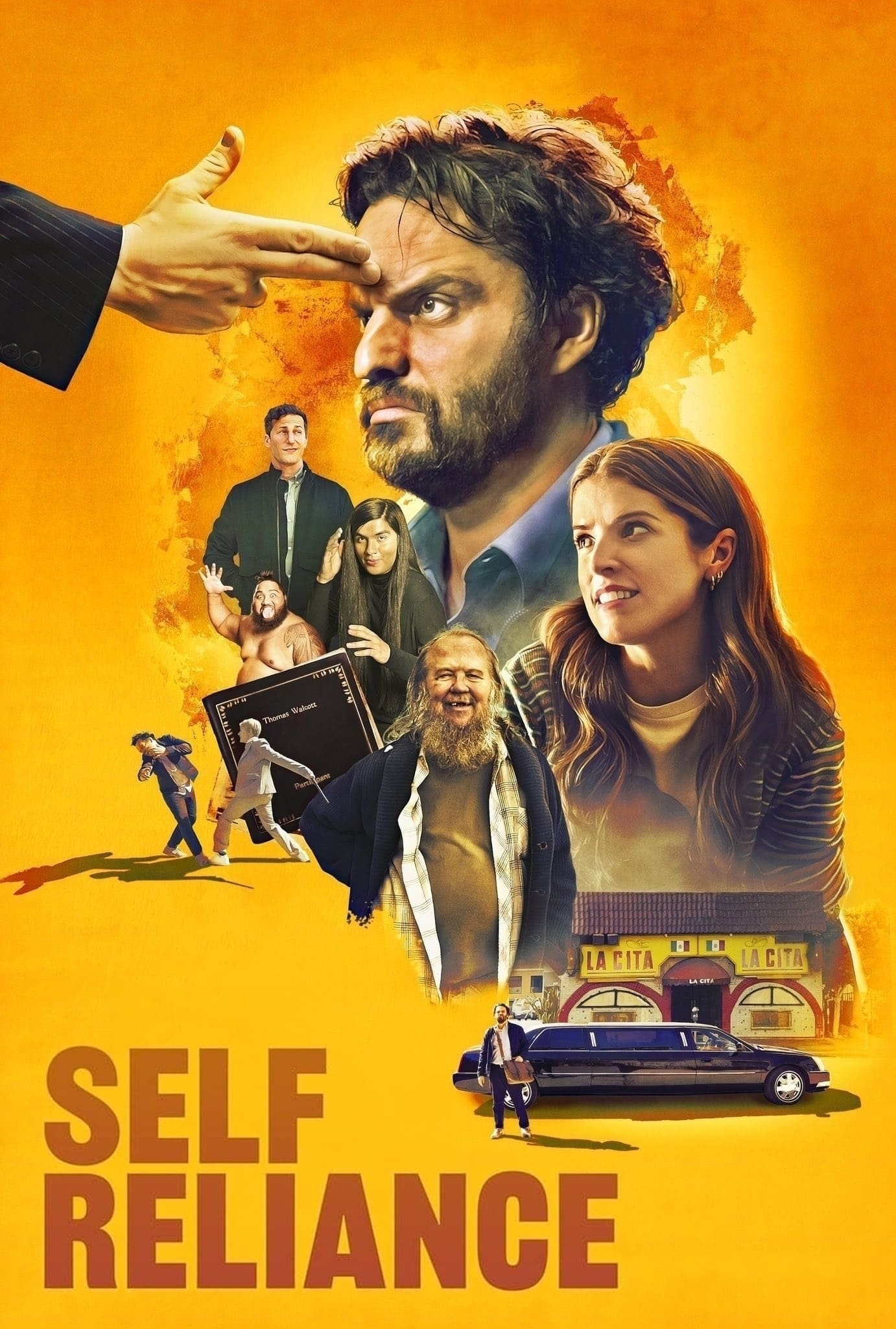 A movie poster for Self Reliance features a bold yellow-orange background with a collage of characters. The central figure is a bearded man with disheveled hair, looking intense and determined, as a hand forms a finger gun pointed at his forehead. To his right, a smiling woman with long brown hair, wearing a striped shirt, appears friendly. Surrounding them are various characters, including a suited man, a shirtless man, a bearded older man in a coat, and a woman in black gesturing expressively. Other elements include a limousine, a restaurant named “La Cita,” and a running figure holding a briefcase. The title Self Reliance is prominently displayed in large, bold, brown letters at the bottom.