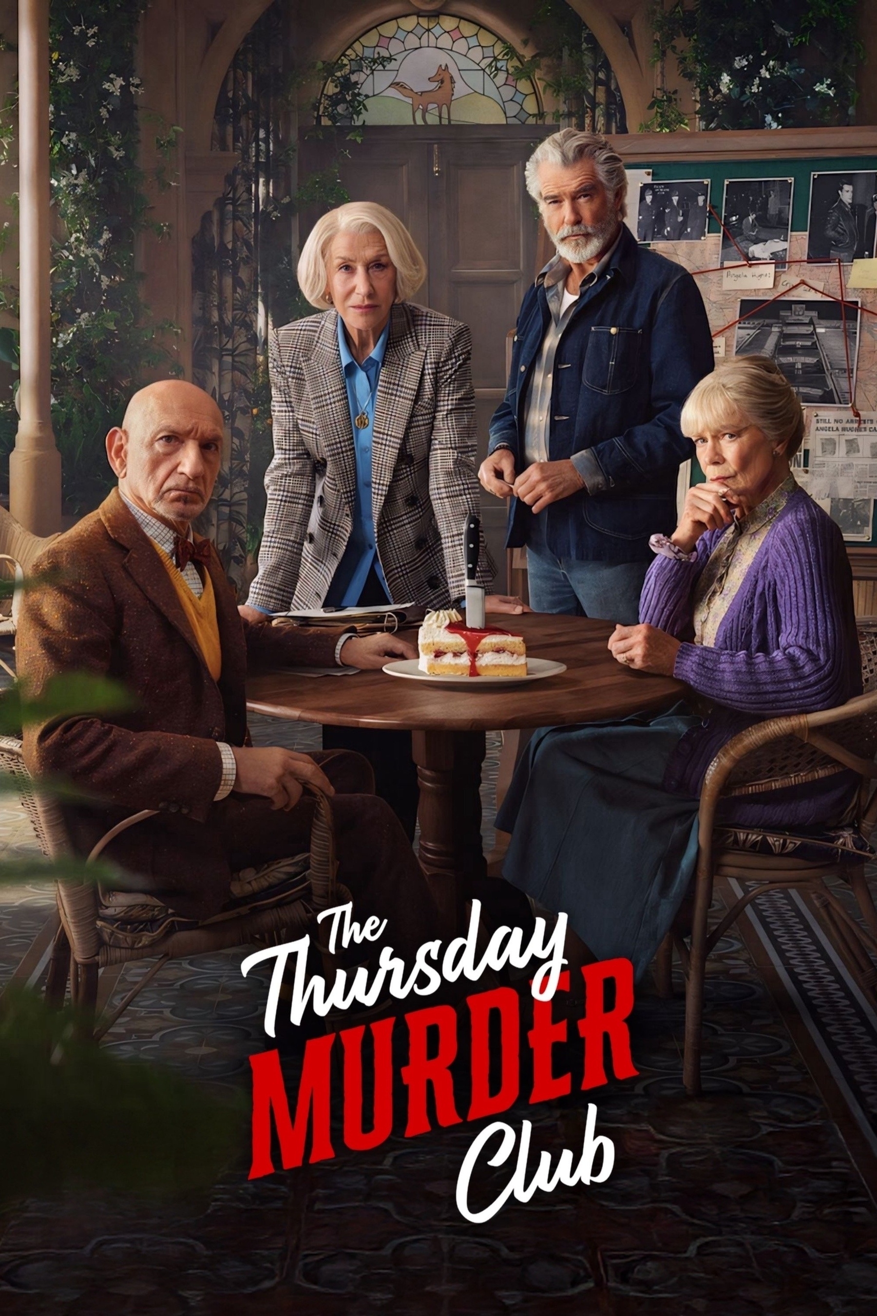 Four elderly people are seated around a table with a cake and a knife stabbed into it. Behind them is a board with photos and documents pinned, suggesting an investigation. The text "The Thursday Murder Club" is prominently displayed at the bottom of the image. The setting appears cozy, with warm lighting and plants in the background.
