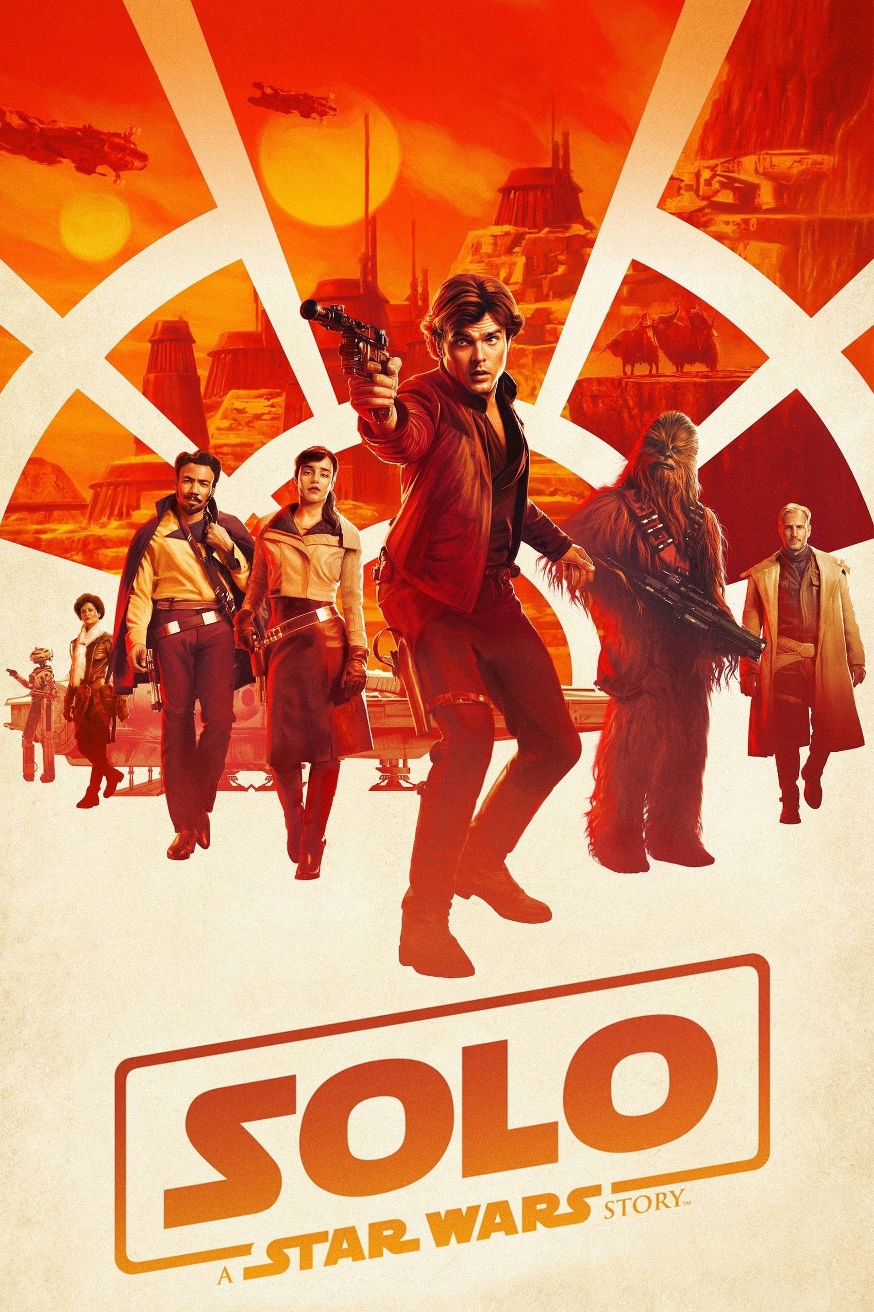 Stylized poster for "Solo: A Star Wars Story" featuring several characters in dynamic poses against an orange and red background with futuristic cityscapes and planets. The central figure is pointing a blaster forward. The title "SOLO: A Star Wars Story" is displayed at the bottom.