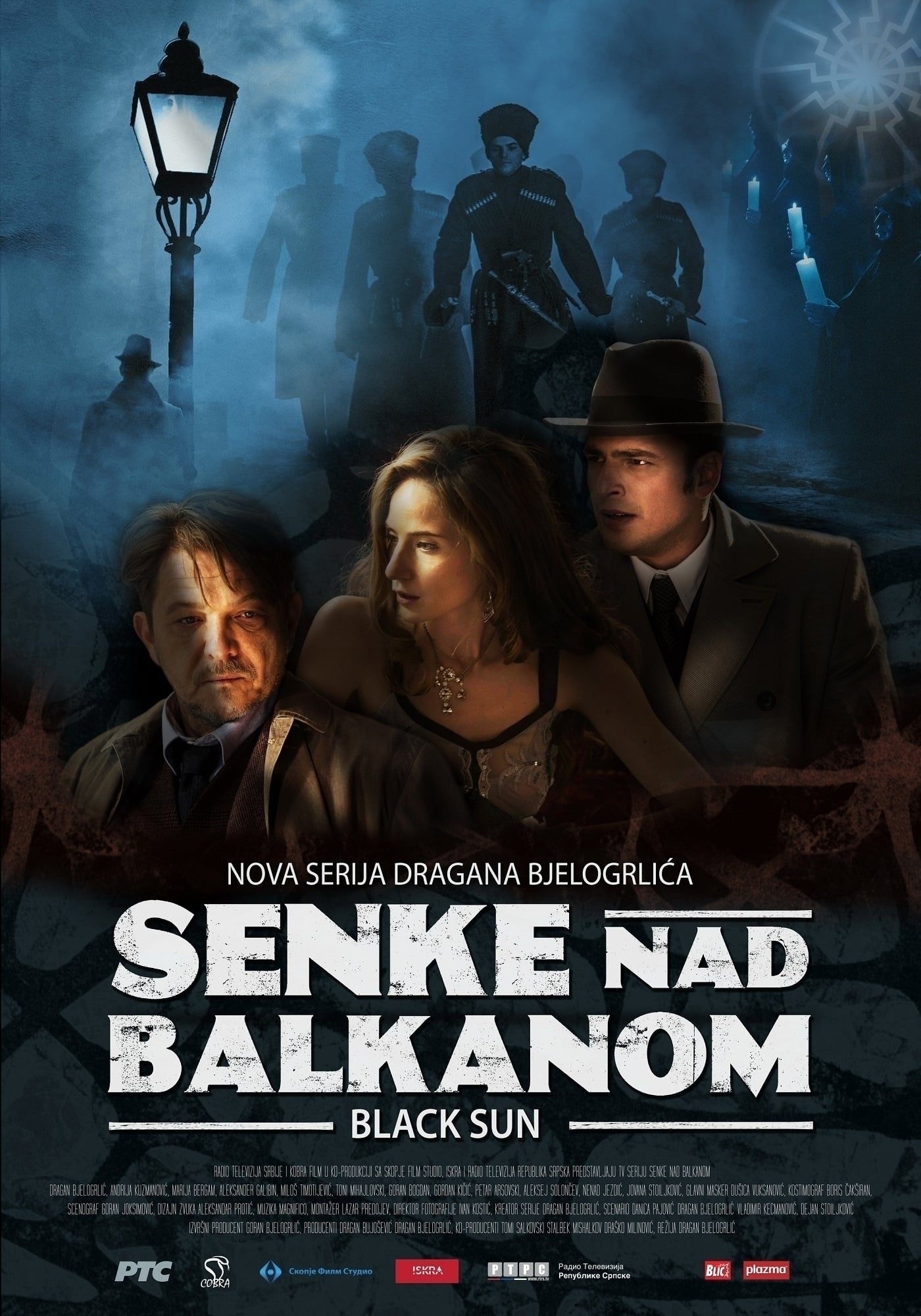 Promotional poster for the series "Senke nad Balkanom" (Black Sun). The foreground features two men and a woman, dressed in period clothing. The background has a foggy atmosphere with silhouettes of soldiers and a lamppost. The title of the series is prominently displayed in bold white text at the bottom, with credits underneath.